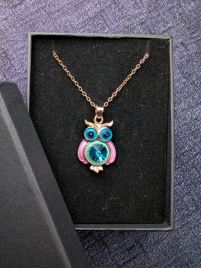 Vibrant Enamel Owl Pendant Necklace – Rose Gold Tone Boho Jewelry with Blue Crystal Accent