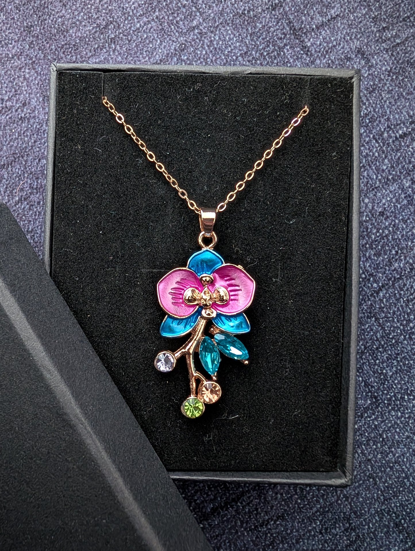 Pink and Blue Orchid Enamel Pendant Necklace | Rose Gold Floral Jewelry for Her