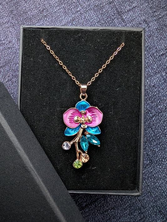 Pink and Blue Orchid Enamel Pendant Necklace | Rose Gold Floral Jewelry for Her