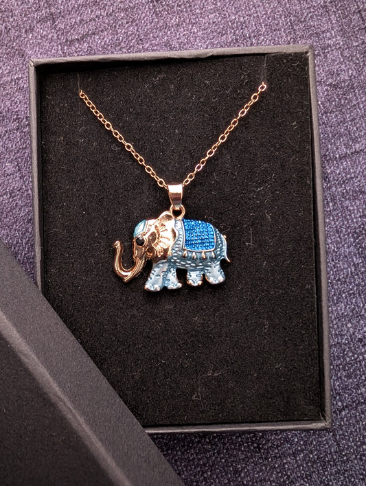 Rose Gold Elephant Pendant Necklace – Blue Enamel Lucky Elephant Charm Jewelry for Women