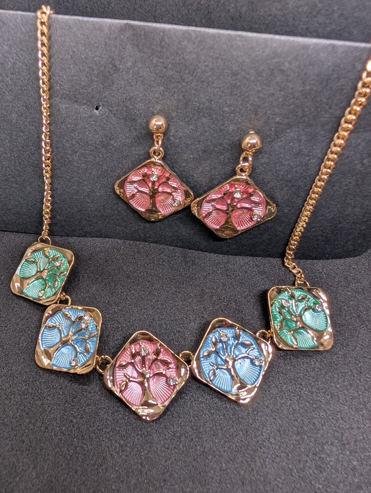 Gold Tree of Life Enamel Necklace & Earring Set – Pastel Multicolor Boho Statement Jewelry for Women