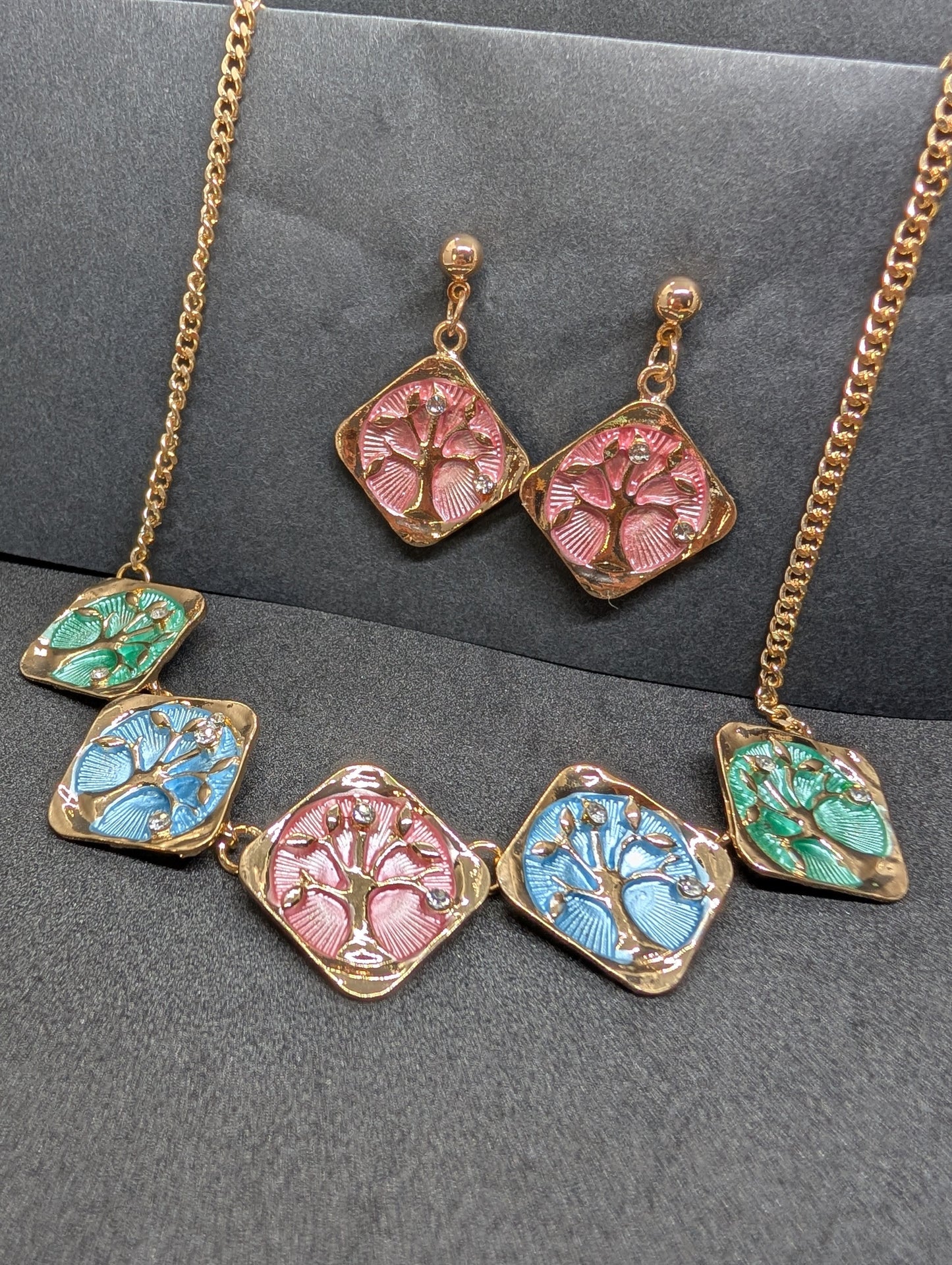 Gold Tree of Life Enamel Necklace & Earring Set – Pastel Multicolor Boho Statement Jewelry for Women