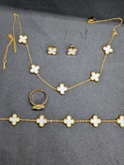 Luxury Clover Jewelry Set for Women | Includes Necklace, Bracelet, Stud Earrings & Adjustable Ring | Gold & White