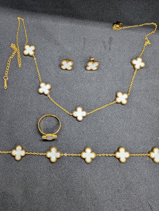Luxury Clover Jewelry Set for Women | Includes Necklace, Bracelet, Stud Earrings & Adjustable Ring | Gold & White