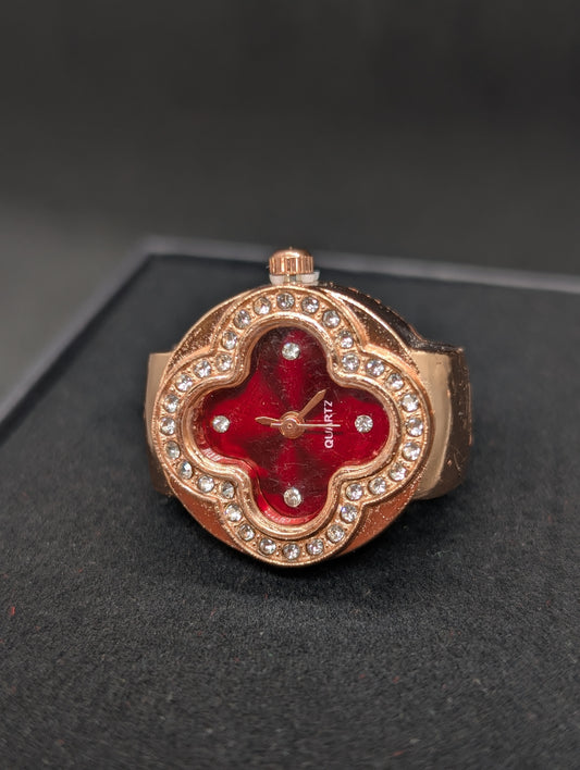Elegant Red and Rose Gold Floral Ring Watch - Adjustable Quartz Finger Watch with Sparkling Rhinestones