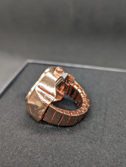 Elegant Red and Rose Gold Floral Ring Watch - Adjustable Quartz Finger Watch with Sparkling Rhinestones