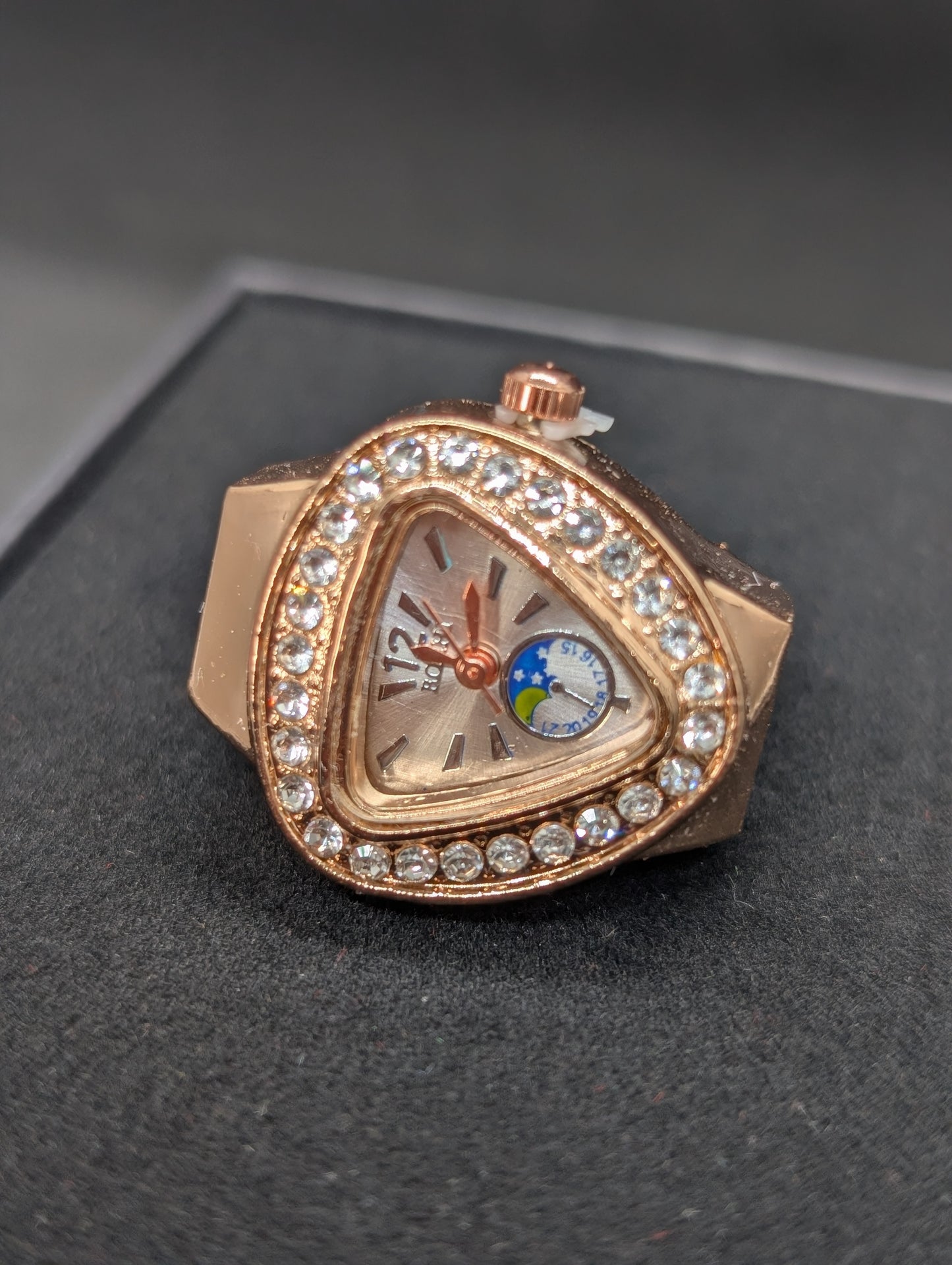 Luxury Rose Gold Triangle Finger Ring Watch for Women | Crystal Encrusted Diamond Ring Watch with Moon Phase Dial