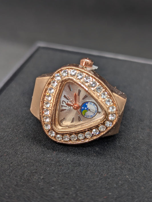 Luxury Rose Gold Triangle Finger Ring Watch for Women | Crystal Encrusted Diamond Ring Watch with Moon Phase Dial