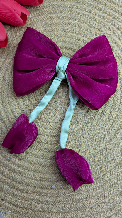 Elegant Magenta Tulip Hair Bow with Sage Green Streamers | Handmade Floral Coquette Hair Clip