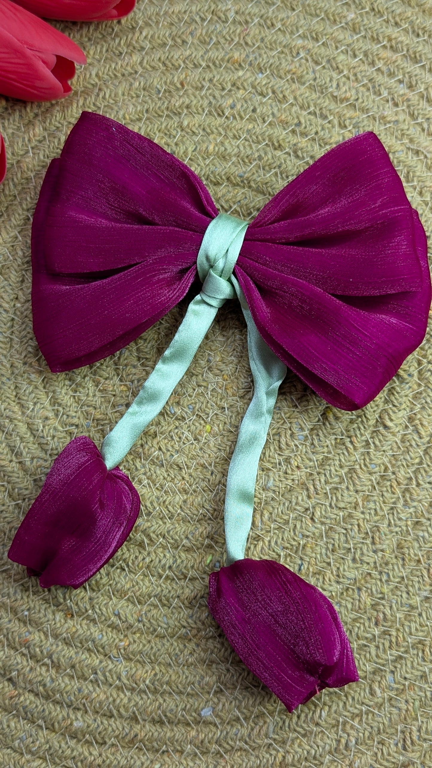 Elegant Magenta Tulip Hair Bow with Sage Green Streamers | Handmade Floral Coquette Hair Clip