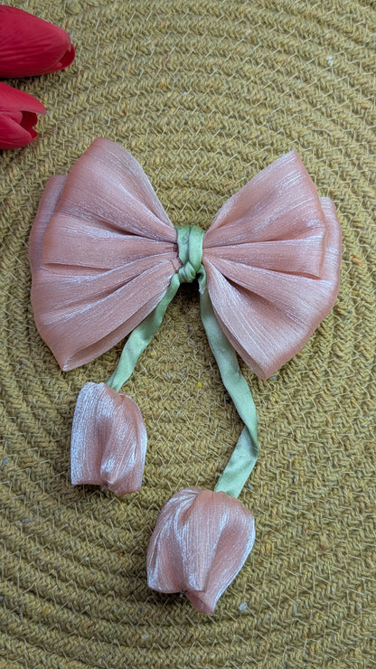 Elegant Shimmer Organza Tulip Bow Hair Clip – Handmade Floral Ribbon Hair Accessory for Women and Girls – Dusty Rose & Sage Green Aesthetic Headpiece