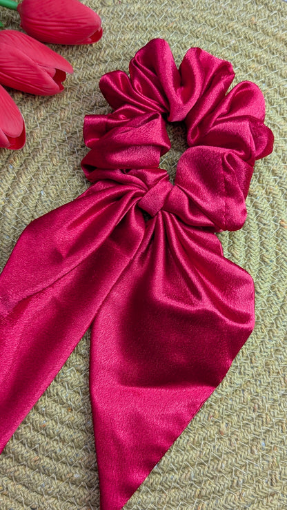 Oversized Crimson Red Satin Scrunchie with Scarf Bow | Statement Hair Accessory