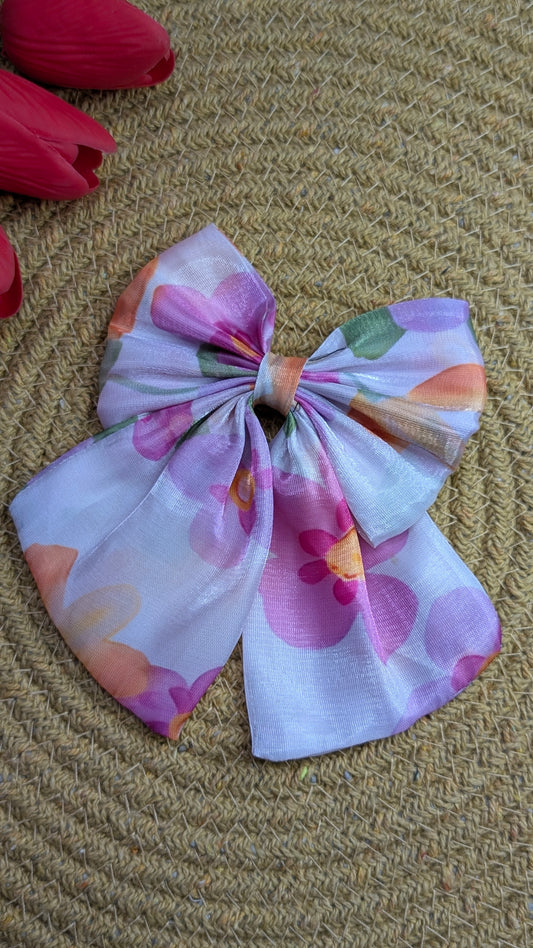 Oversized Floral Silk-Satin Hair Bow – Pink & Purple Spring Flower Print – Large Statement Bow Hair Clip for Women and Girls