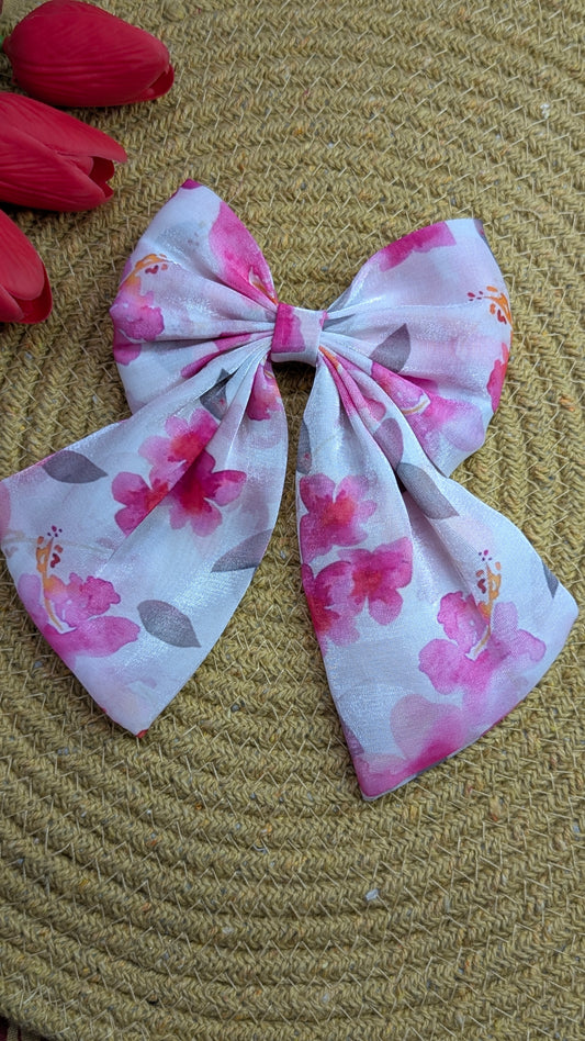 Handmade Watercolor Hibiscus Hair Bow - Pink Floral Satin Oversized Hair Clip for Women and Girls - Spring & Summer Hair Accessory