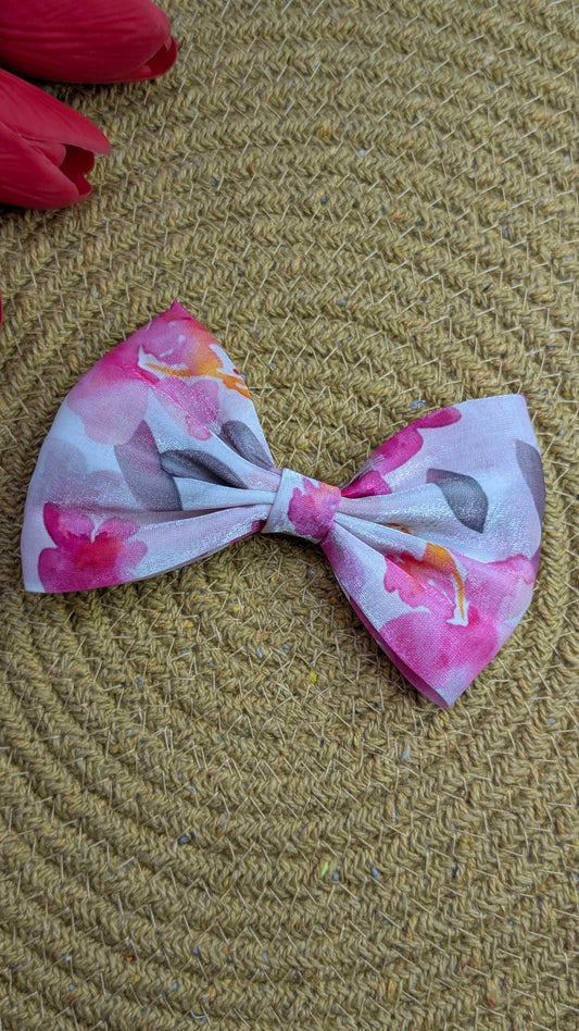 Handmade Pink Floral Satin Hair Bow – Elegant Watercolor Blossom Spring Hair Clip for Women and Girls