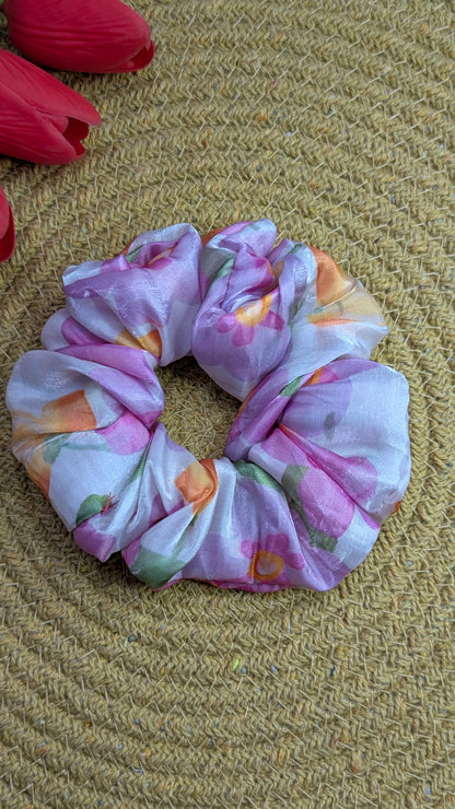 Floral Satin Hair Scrunchie – Purple & Peach Pastel Flower Print Elastic Hair Tie – Soft Oversized Hair Accessory for Women and Girls