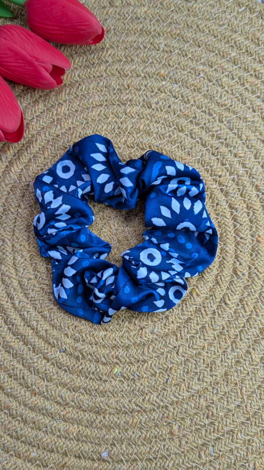 Handmade Indigo Blue Block Print Scrunchie | Boho Cotton Hair Accessory | Eco-Friendly Anti-Breakage Hair Tie for Thick or Thin Hair