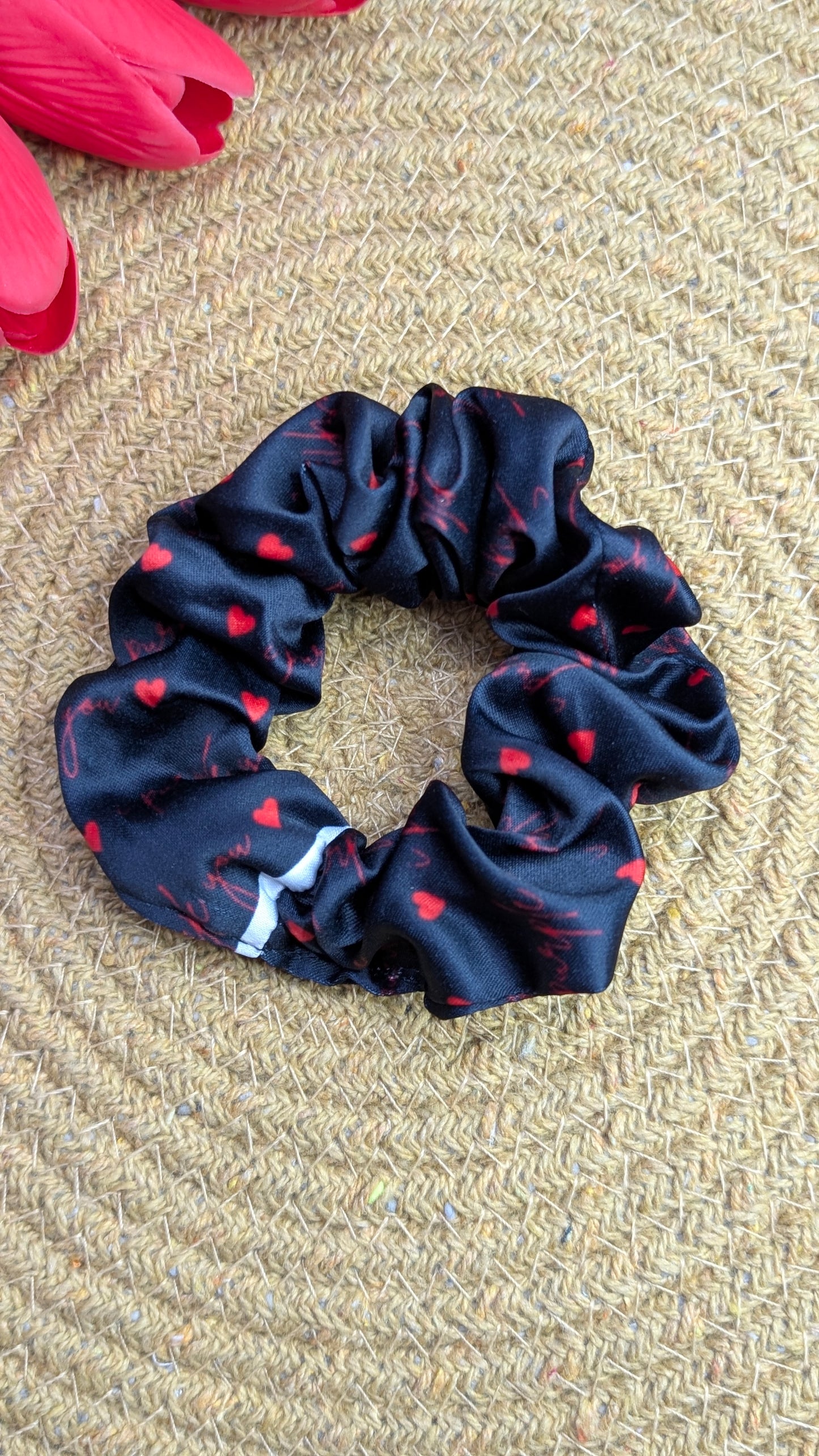 Black Heart Print Satin Scrunchie - Red Heart & Script Pattern Hair Tie - Valentine's Day Hair Accessory for Women & Girls