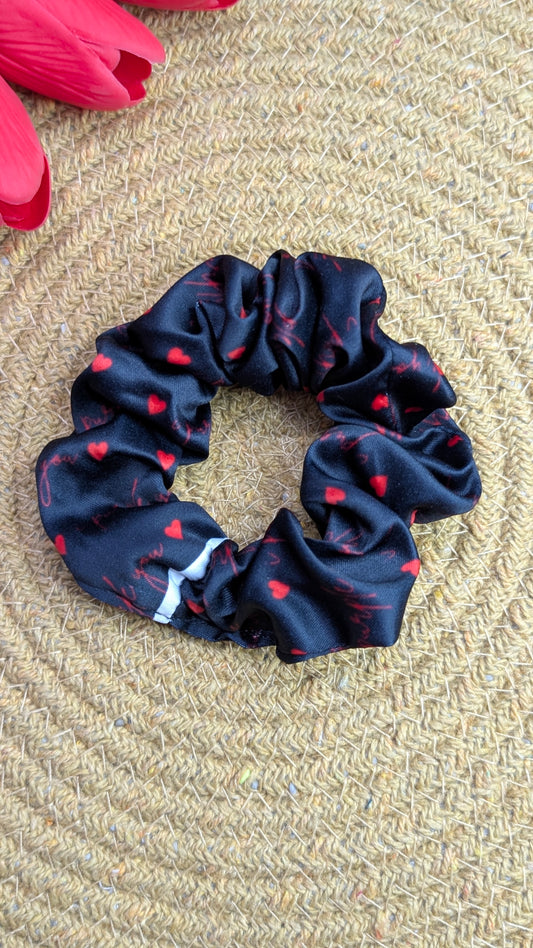 Black Heart Print Satin Scrunchie - Red Heart & Script Pattern Hair Tie - Valentine's Day Hair Accessory for Women & Girls