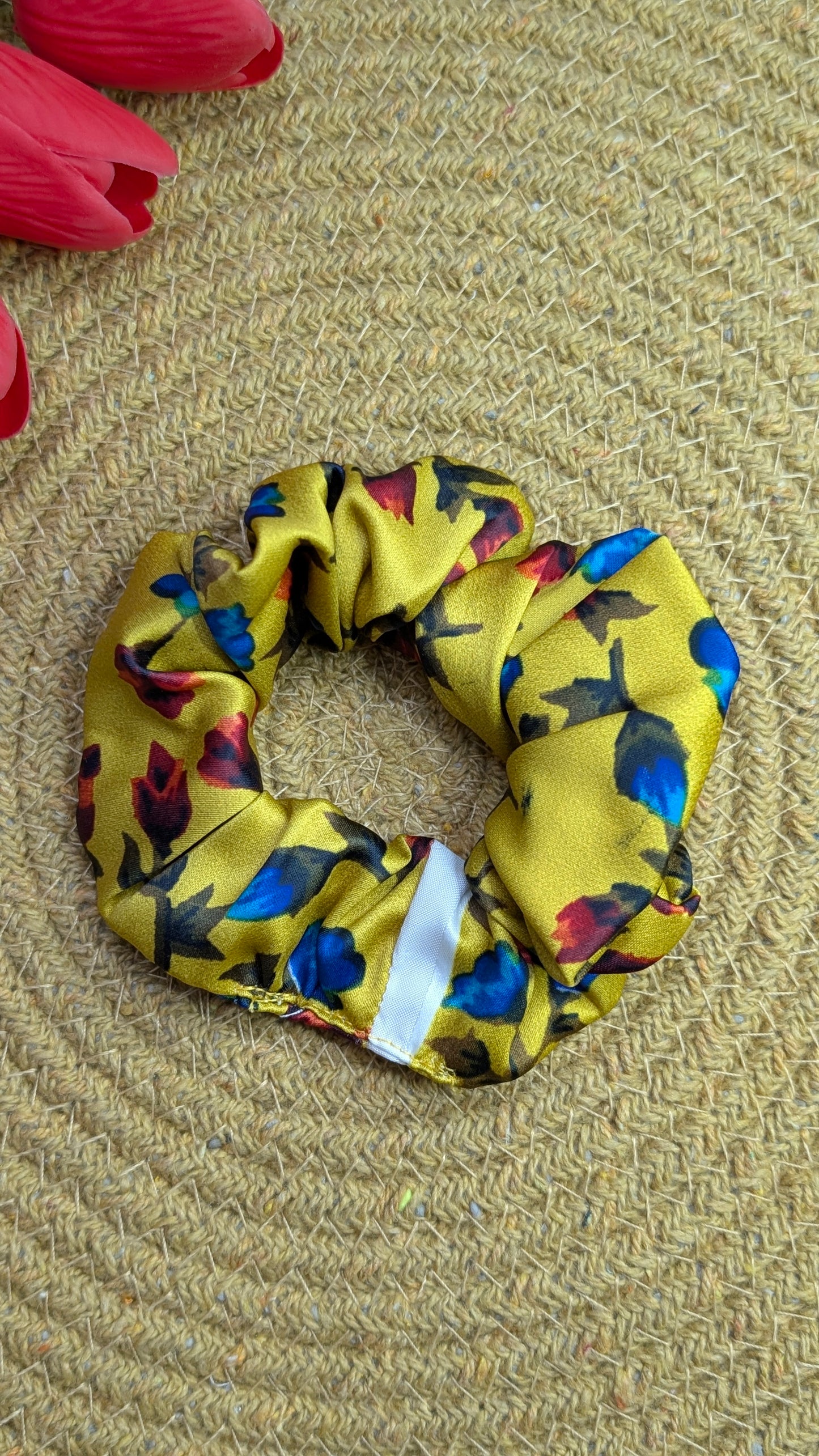Premium Satin Floral Scrunchie with Hidden Zipper Pocket – Mustard Yellow Botanical Print Hair Accessory & Secret Stash Keychain
