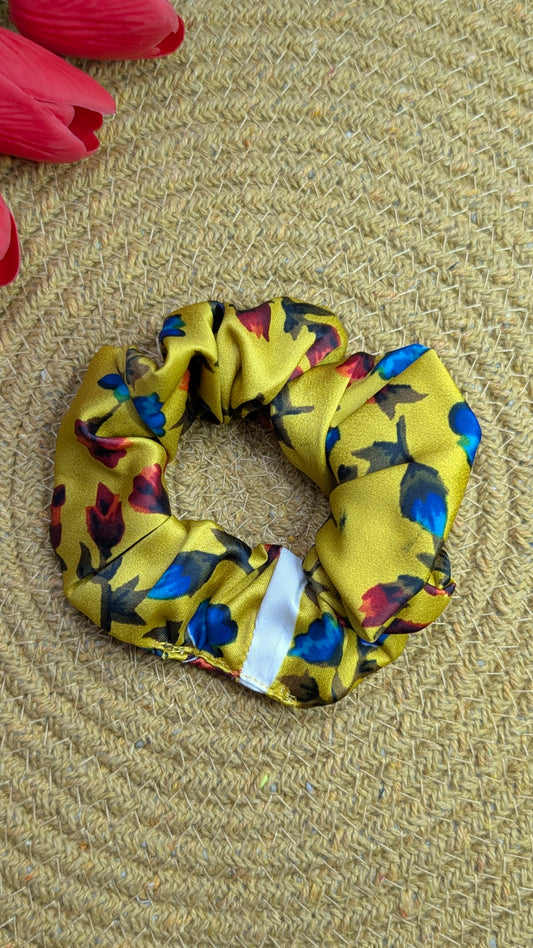Premium Satin Floral Scrunchie with Hidden Zipper Pocket – Mustard Yellow Botanical Print Hair Accessory & Secret Stash Keychain