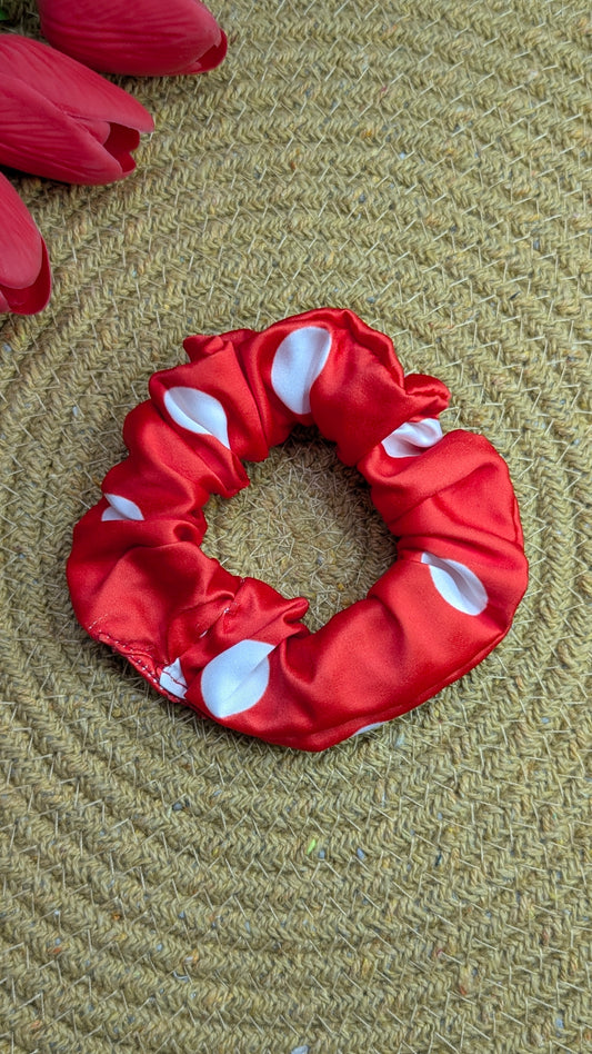 Red and White Polka Dot Satin Scrunchie | Retro Oversized Hair Accessory | Silk-Feel Elastic Hair Tie for Women and Girls