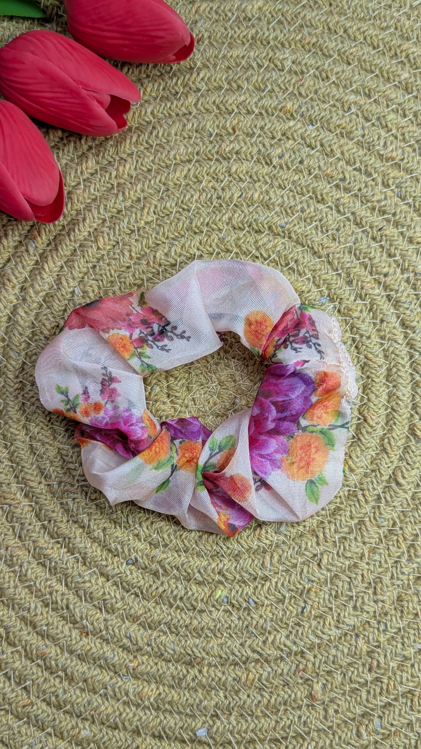 Floral Sheer Organza Scrunchie – Elegant Oversized Hair Accessory in Peachy Pink with Botanical Print