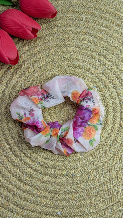 Floral Sheer Organza Scrunchie – Elegant Oversized Hair Accessory in Peachy Pink with Botanical Print