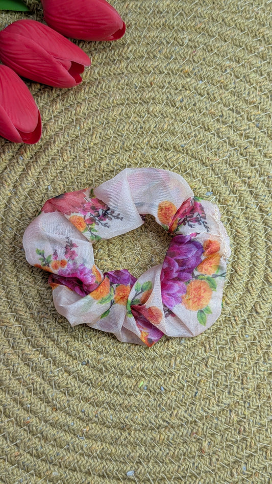 Floral Sheer Organza Scrunchie – Elegant Oversized Hair Accessory in Peachy Pink with Botanical Print
