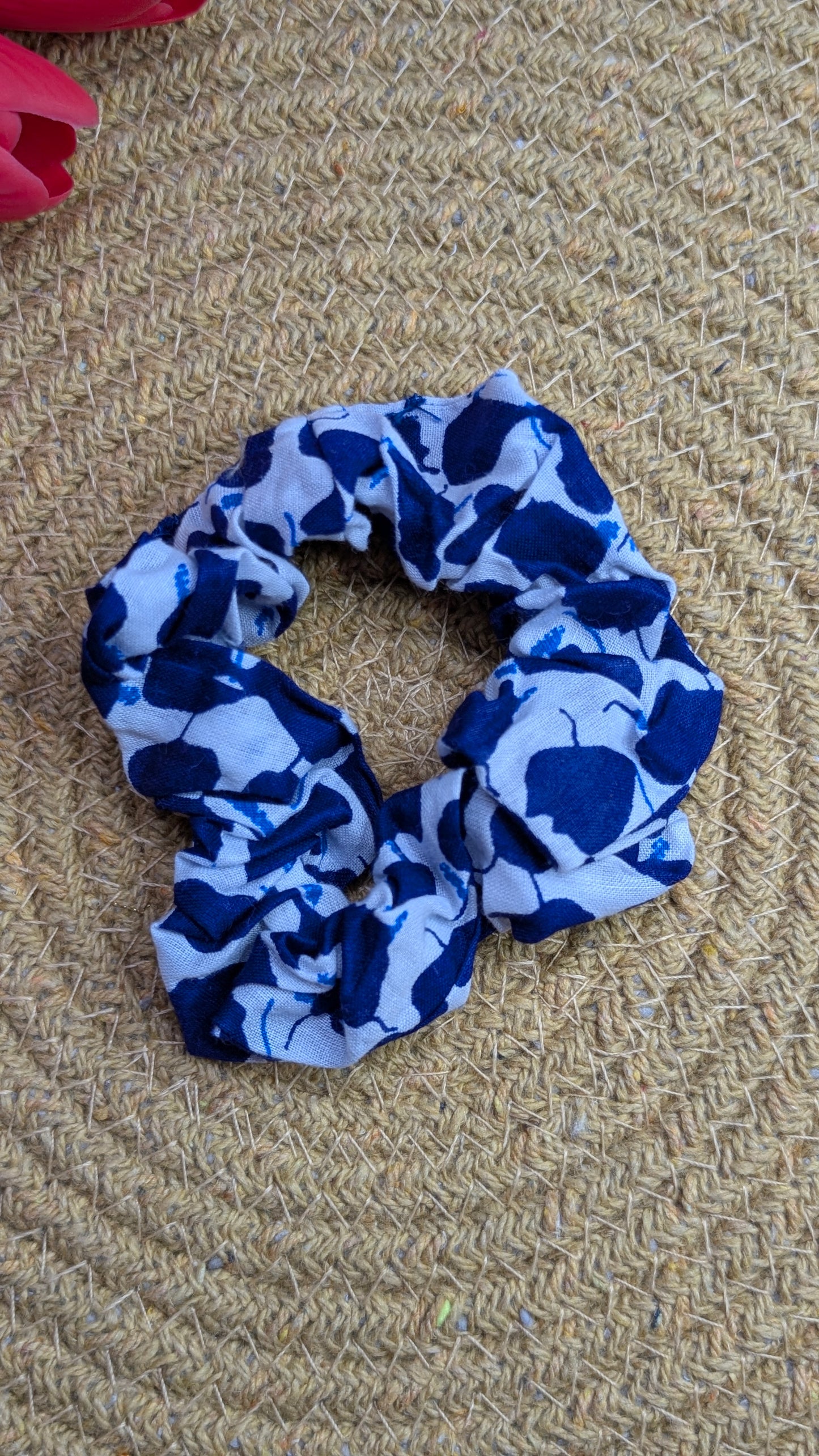 Blue and White Floral Scrunchie | Handmade Cotton Hair Accessory | Eco-Friendly Hair Tie for Women & Girls