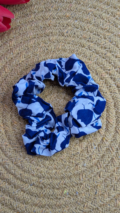 Blue and White Floral Scrunchie | Handmade Cotton Hair Accessory | Eco-Friendly Hair Tie for Women & Girls
