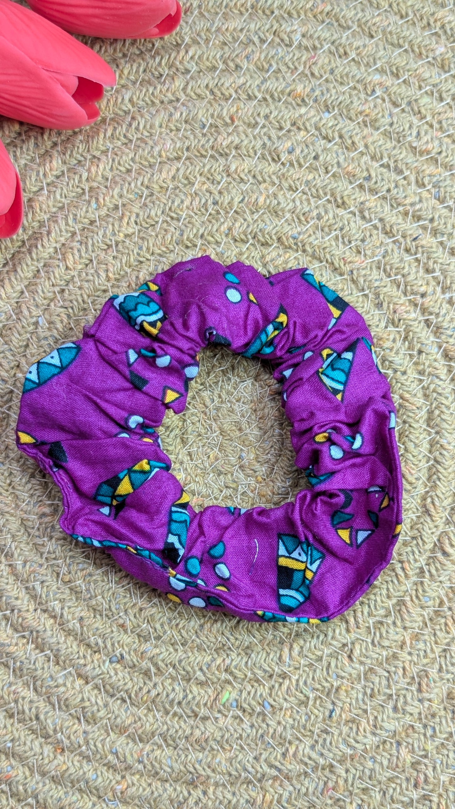 Vibrant Magenta & Teal Abstract Pattern Scrunchie | Retro Boho Hair