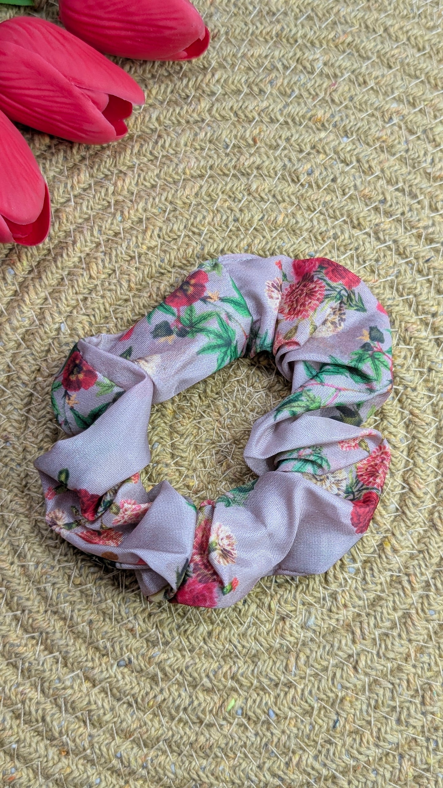Vintage Floral Satin Scrunchie – Dusty Rose Pink Hair Accessory with Botanical Bloom Print