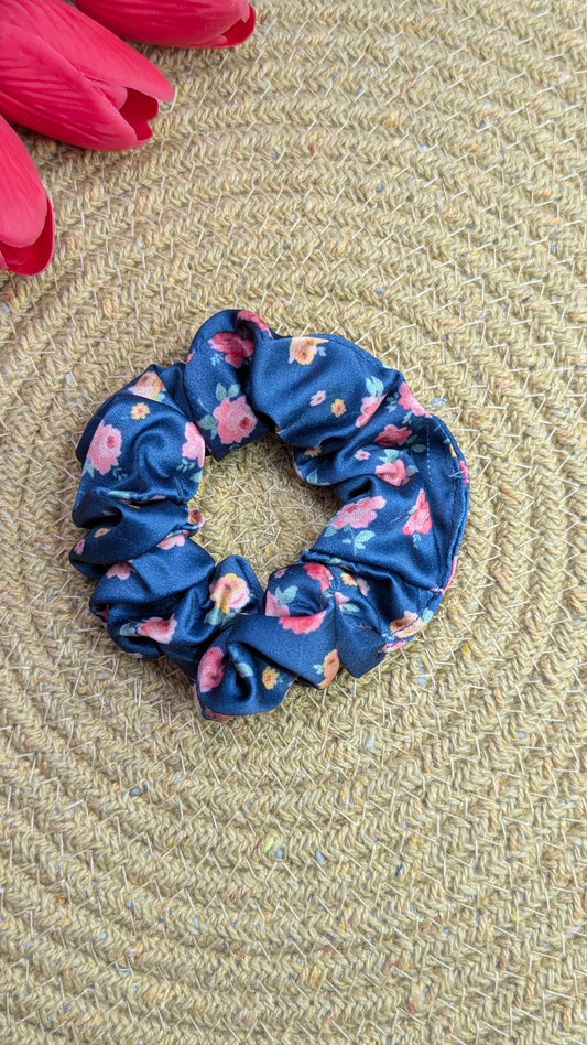 Vintage Floral Navy Blue Satin Scrunchie – Handmade Hair Elastic for Thick or Thin Hair – Soft Pink Rose Pattern Hair Accessory