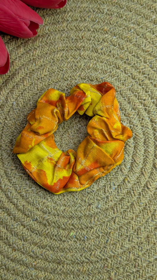 Sunset Orange and Yellow Plaid Scrunchie | Handmade Fabric Hair Tie with Gold Accents