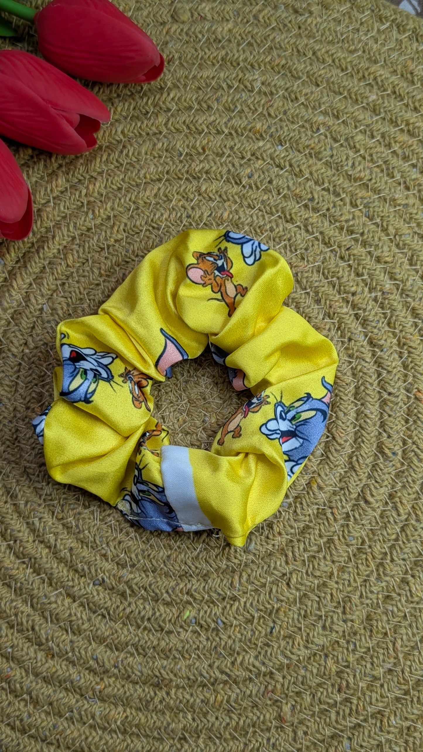 Tom & Jerry Cartoon Print Yellow Satin Scrunchie | No-Crease Hair Accessory for Women & Girls