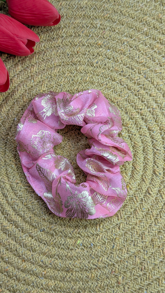 Elegant Pink and Gold Floral Scrunchie | Sheer Organza Hair Accessory for Women & Girls | Sparkly Gold Leaf Hair Tie