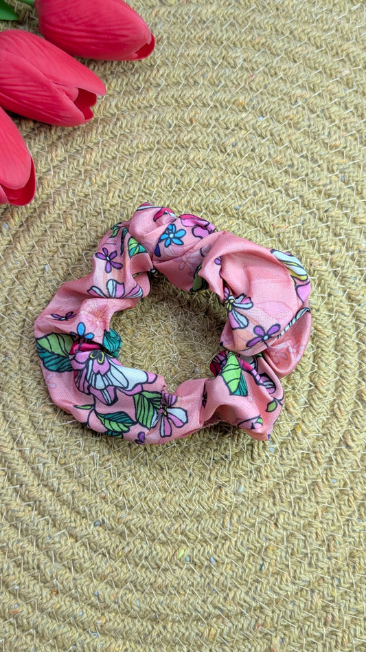 Soft Pink Floral Scrunchie - Gentle Elastic Hair Accessory