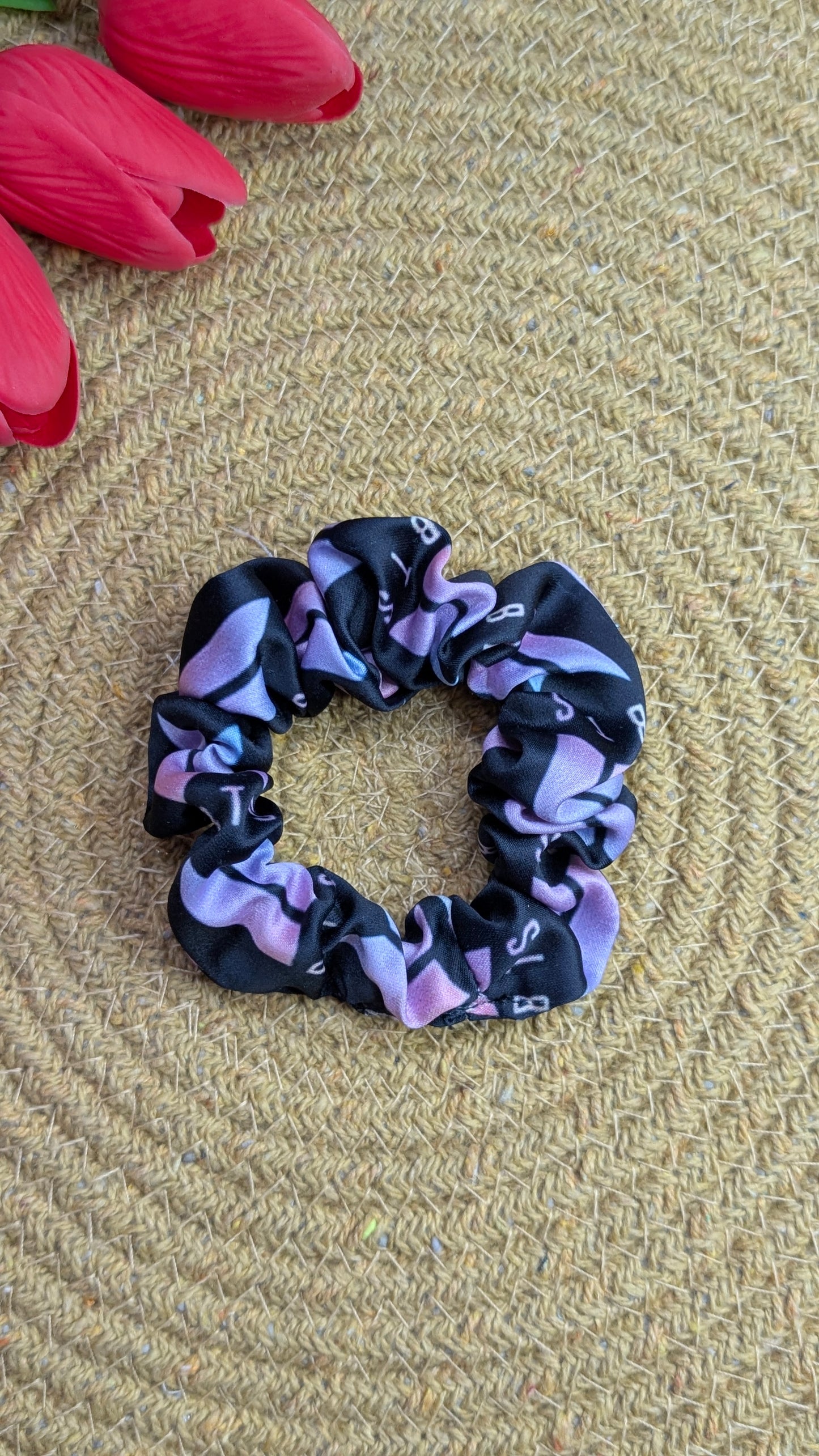 Geometric Abstract Print Scrunchie in Purple and Black | Soft Fabric Hair Accessory