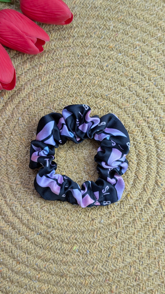 Geometric Abstract Print Scrunchie in Purple and Black | Soft Fabric Hair Accessory