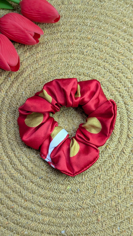 Luxury Red and Gold Polka Dot Satin Scrunchie – Handmade Oversized Hair Accessory for Women