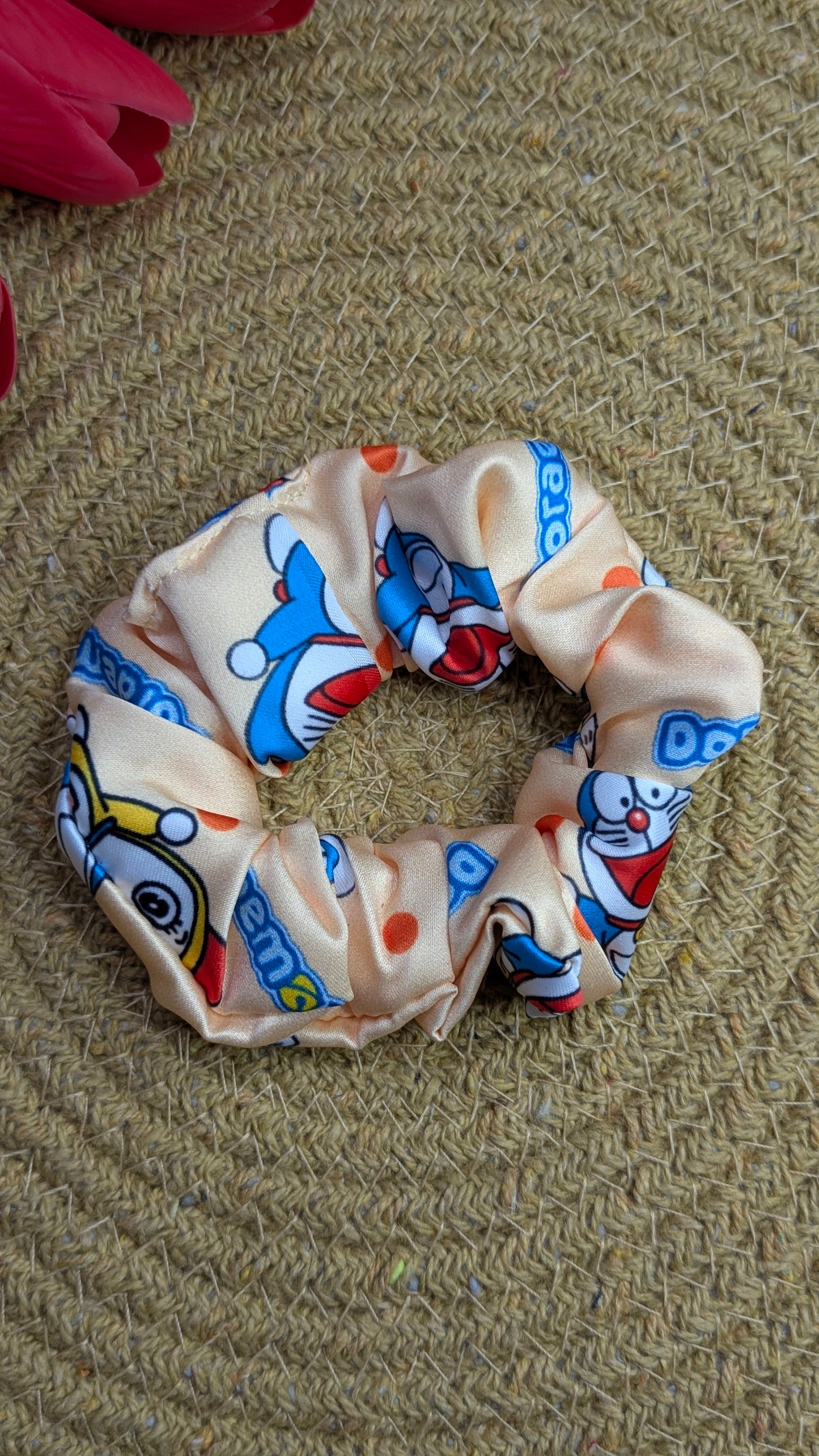 Doraemon Print Satin Scrunchie | Cute Anime Hair Accessory for Kids & Adults