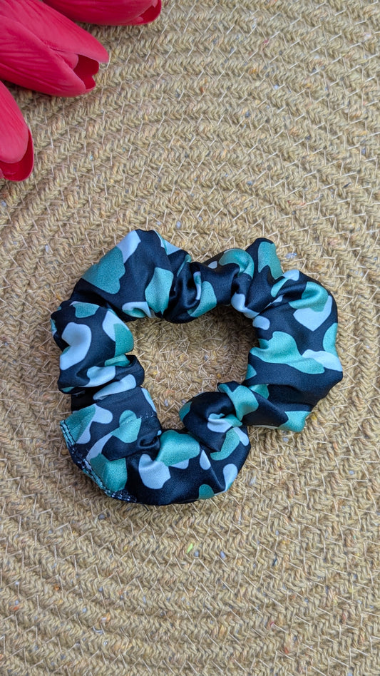 Emerald & Teal Abstract Camo Scrunchie | Satin-Finish No-Snag Elastic Hair Tie