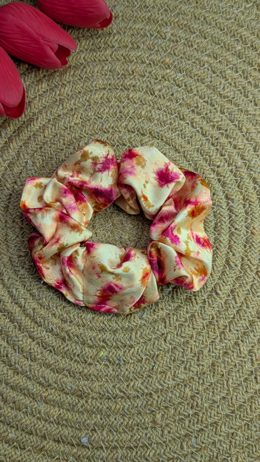 Boho Watercolor Scrunchie in Sunset Pink and Ochre – Premium Satin Hair Cloud