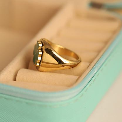 Gold Green Clover Signet Ring