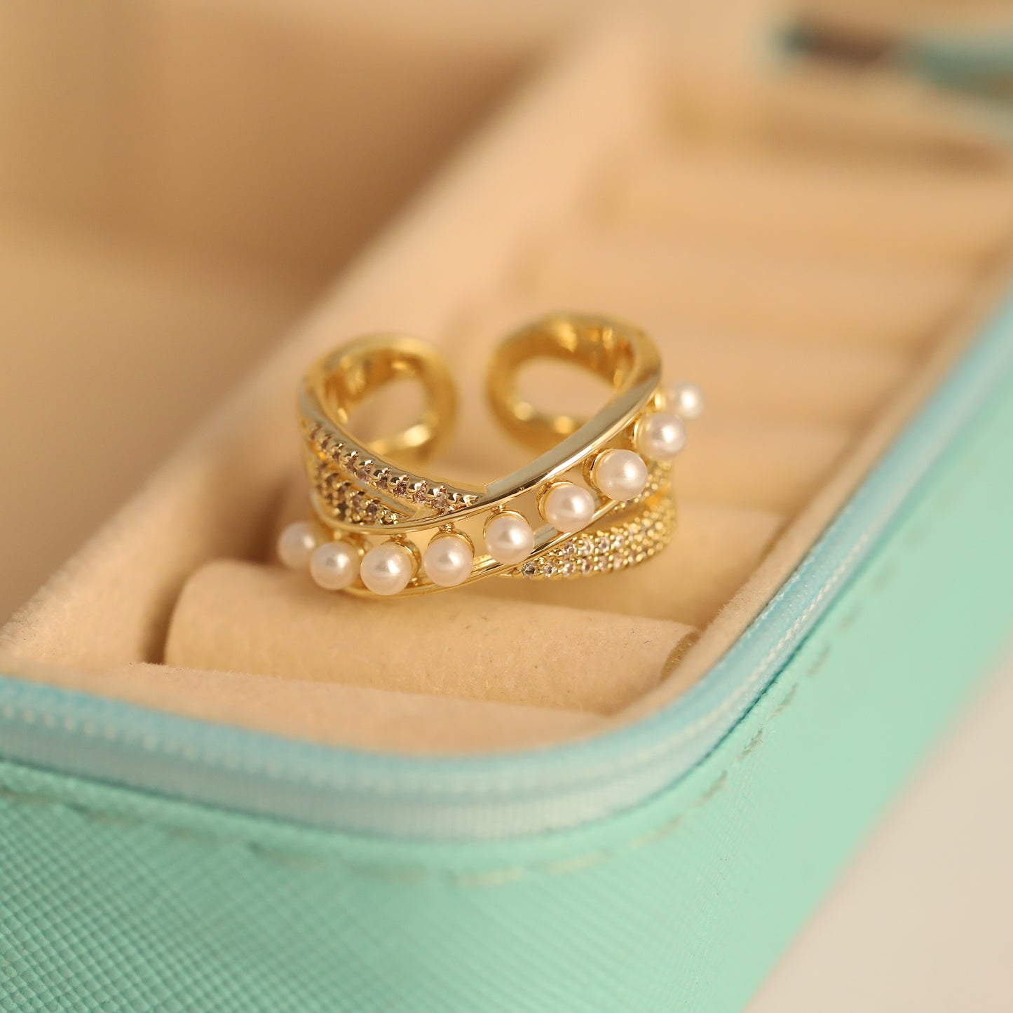 Golden Pearl & Pave CZ Wrap Ring