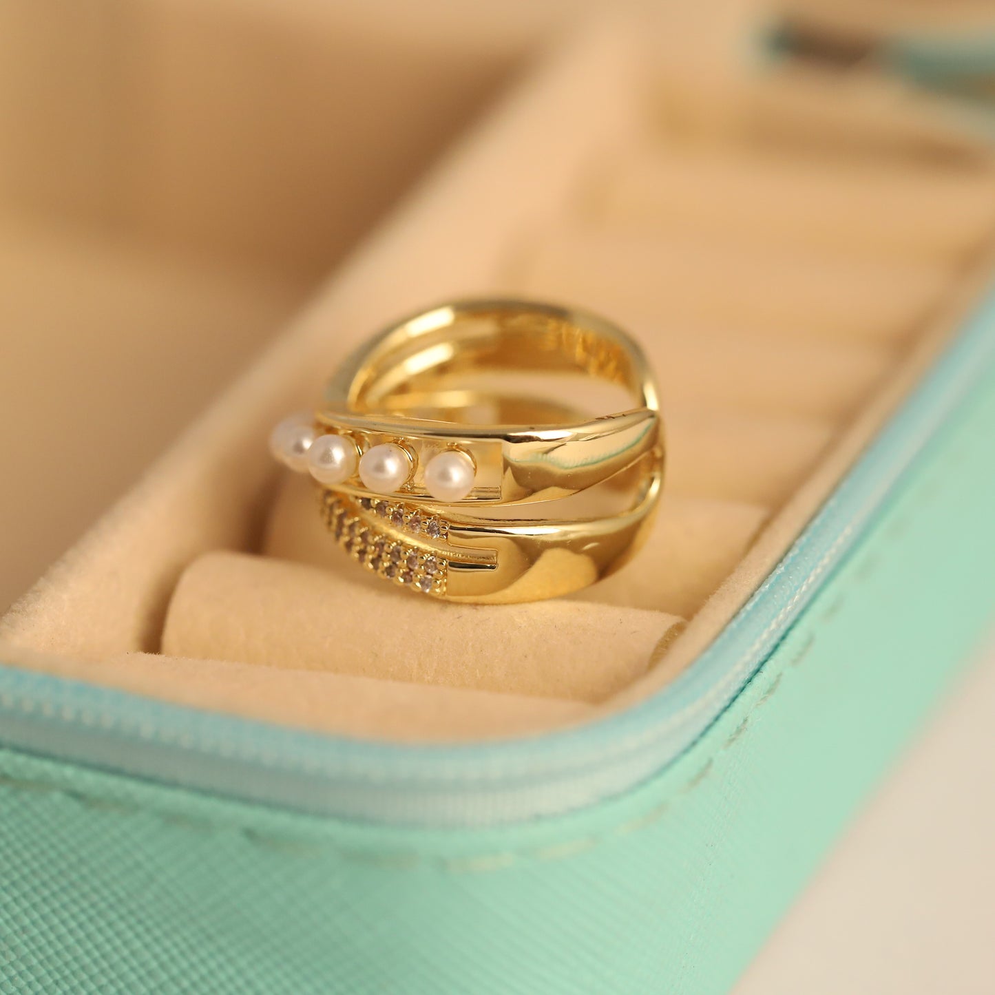 Golden Pearl & Pave CZ Wrap Ring