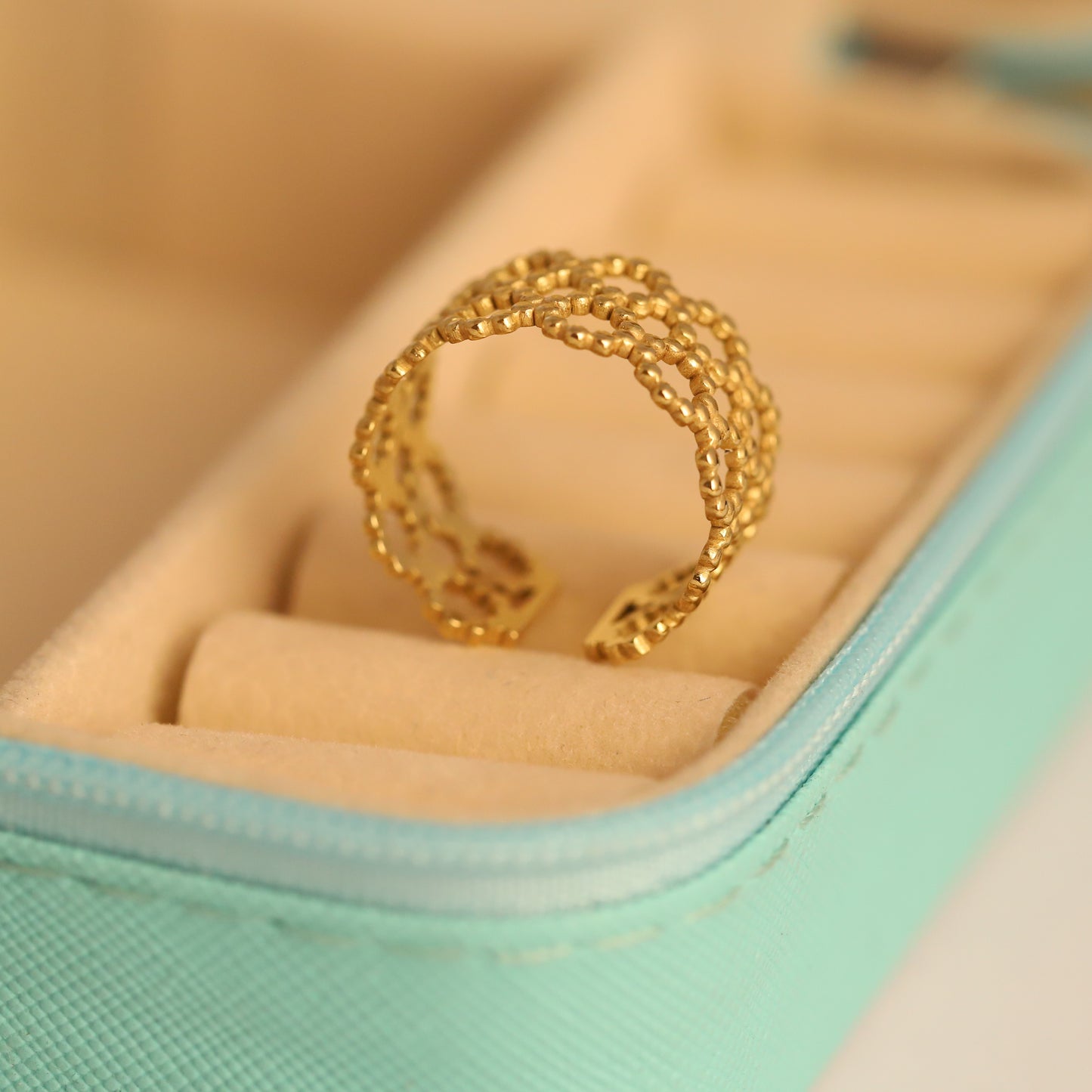 Gold Honeycomb Ring - Wide Adjustable Band | Geometric & Waterproof Jewelry