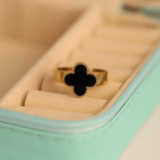 Gold Clover Ring - Black Four-Leaf Clover Adjustable Ring | Waterproof & Lucky Charm Jewelry