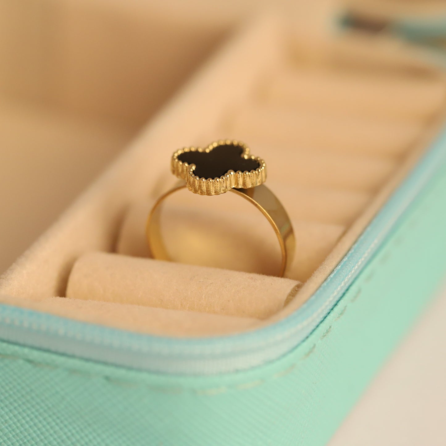 Gold Clover Ring - Black Four-Leaf Clover Adjustable Ring | Waterproof & Lucky Charm Jewelry